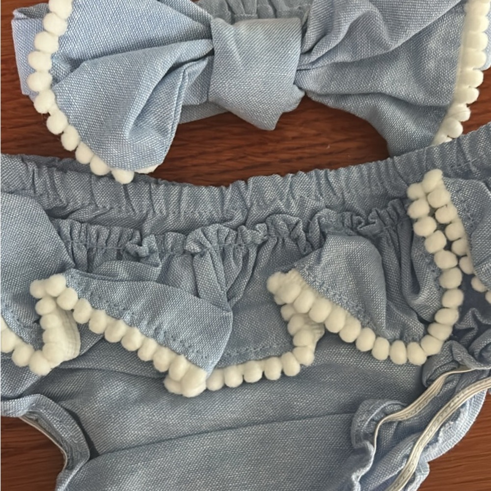 Blue Ruffled Kids Headband and Diaper Cover Set